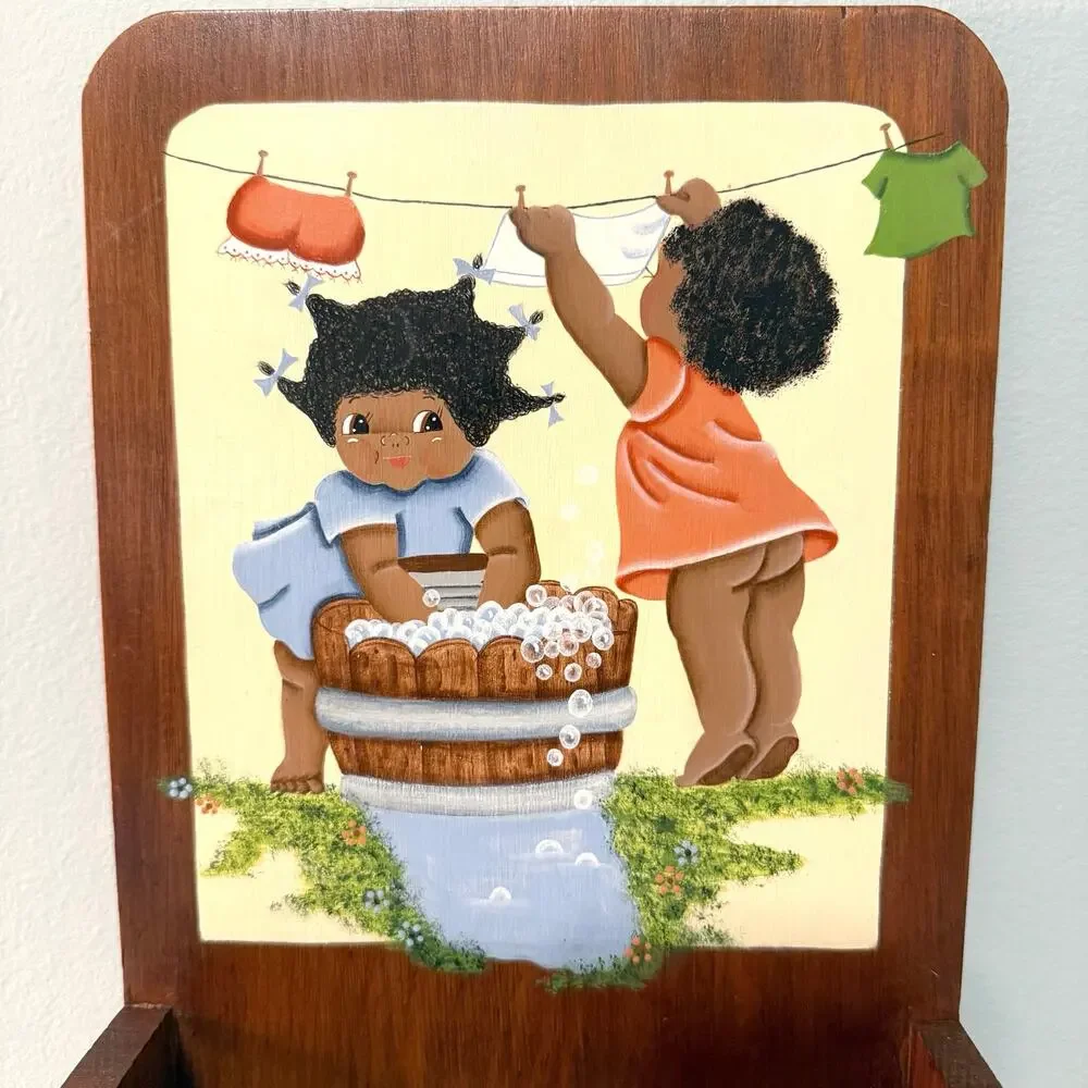Hand Painted Wooden Caddy Little Girls Laundry Clothesline Washboard Floral